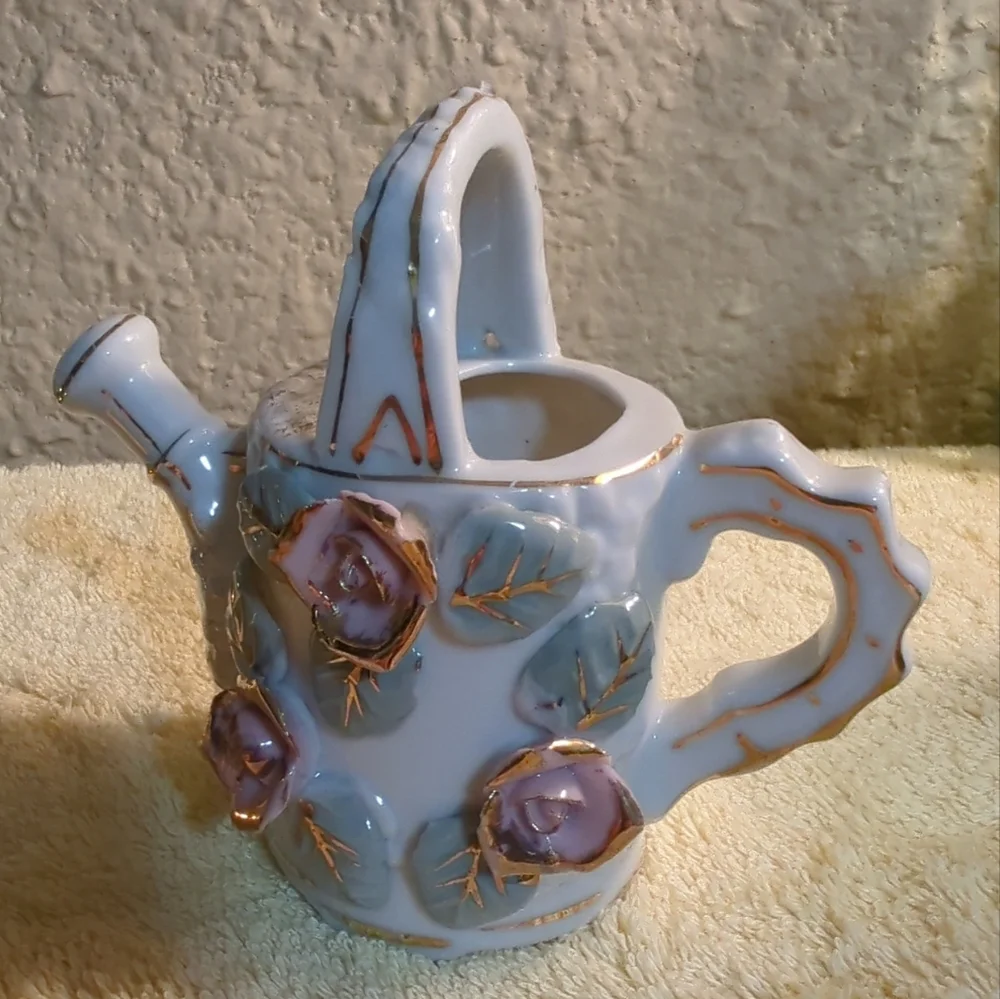 Vintage 1950's 3D Vase Pink Roses Ribbed Watering Can Gold Trim Chase Handpainte
